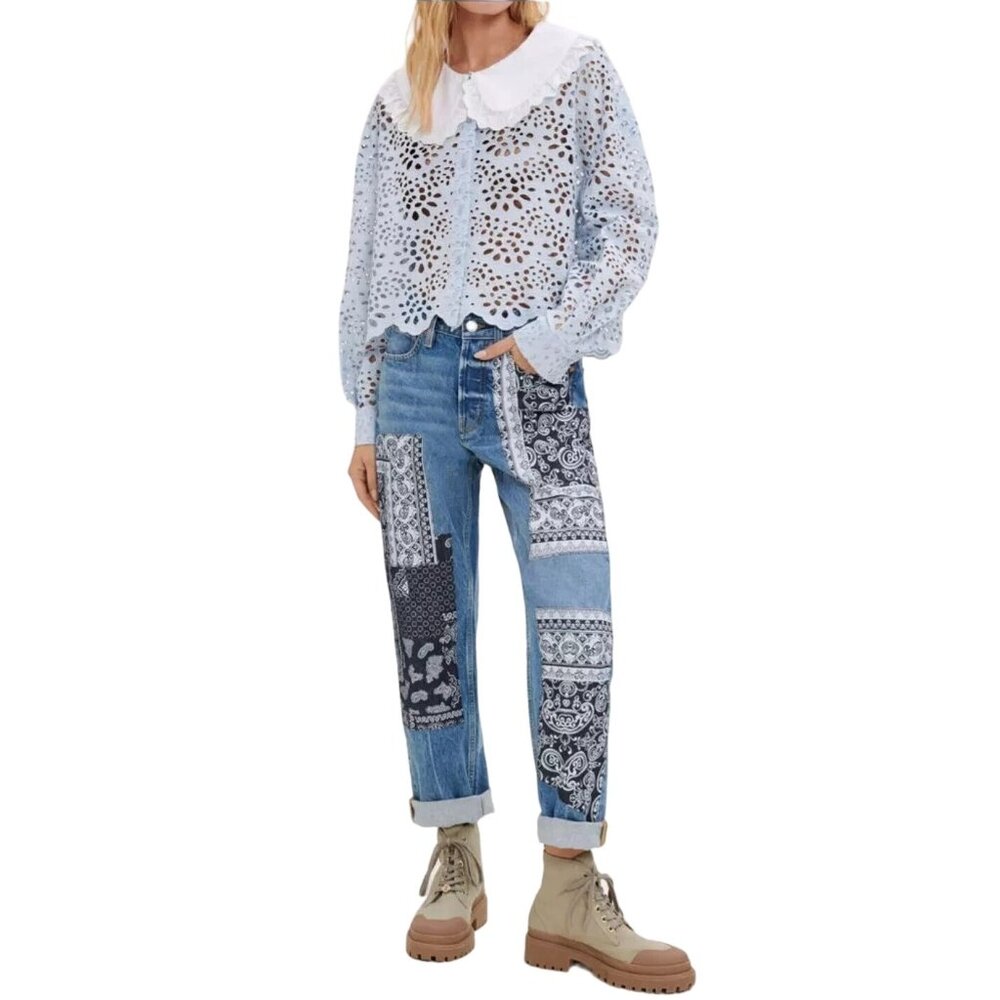 Maje Pandana Patchwork Jeans in Blue 36 2 4 Womens Cropped High Rise Boyfriend